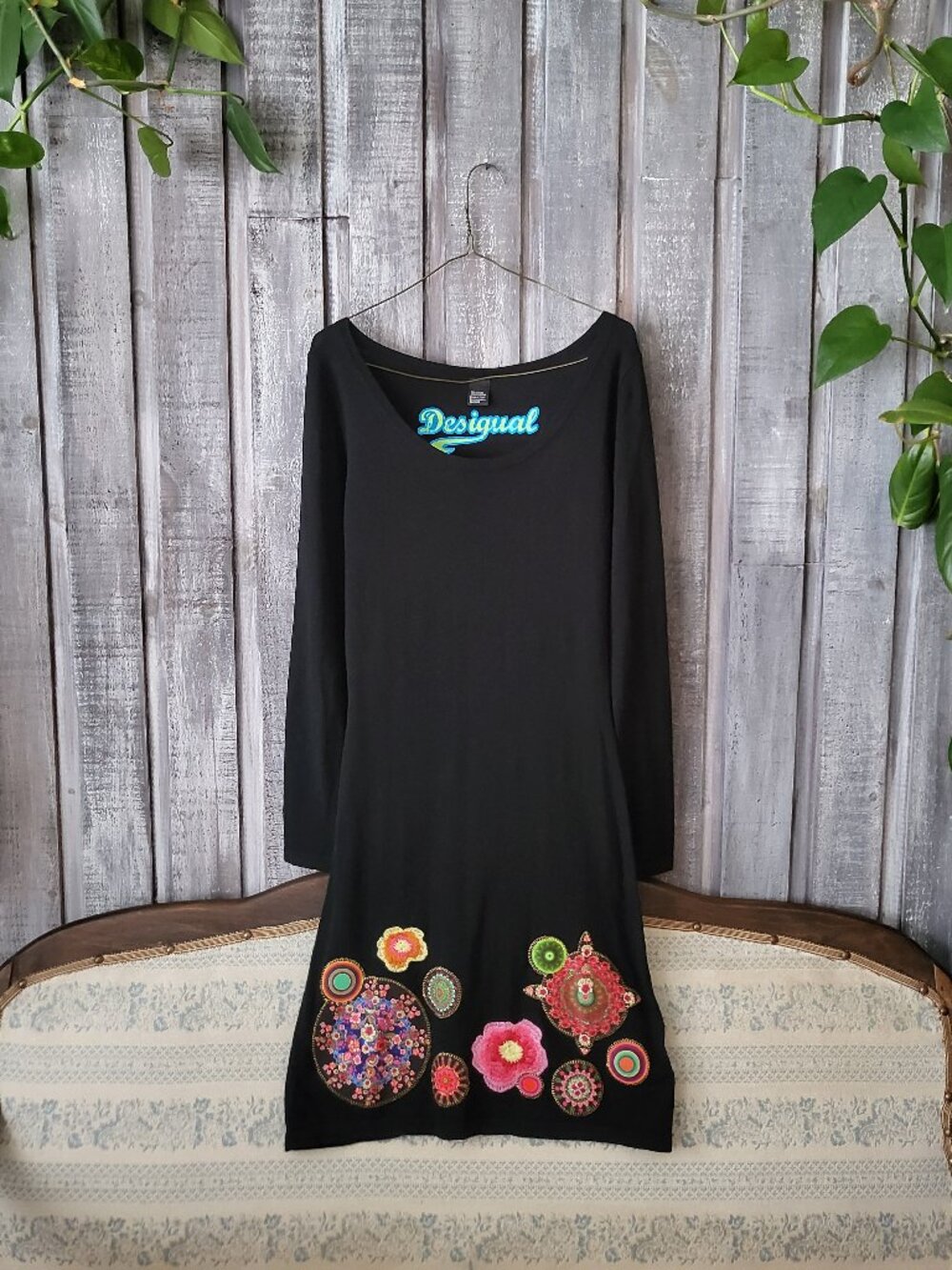 Desigual Womens Black Knit Floral Mandala Embroidered Long Sleeve Dress New M